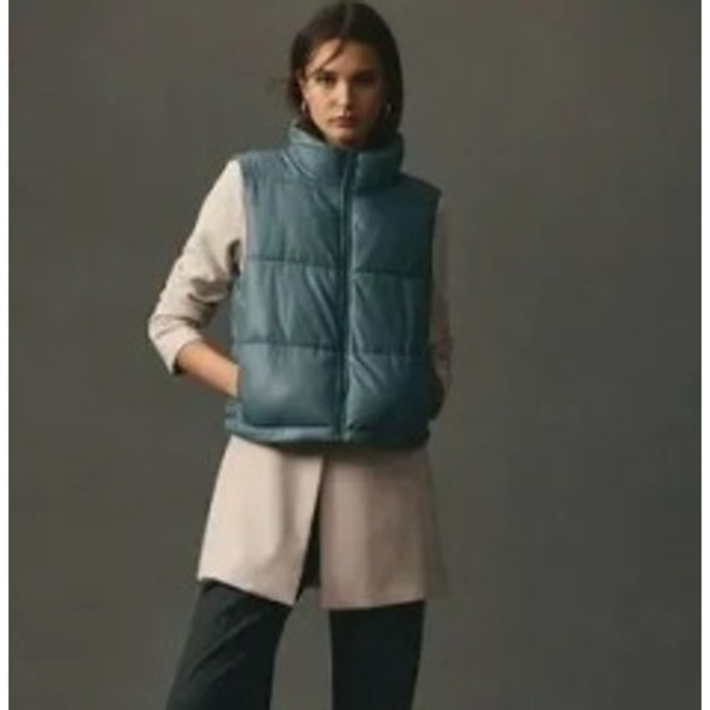 Bagatelle Collection Slate Blue Faux Leather Puffer Vest Zip Up Quilted Size L